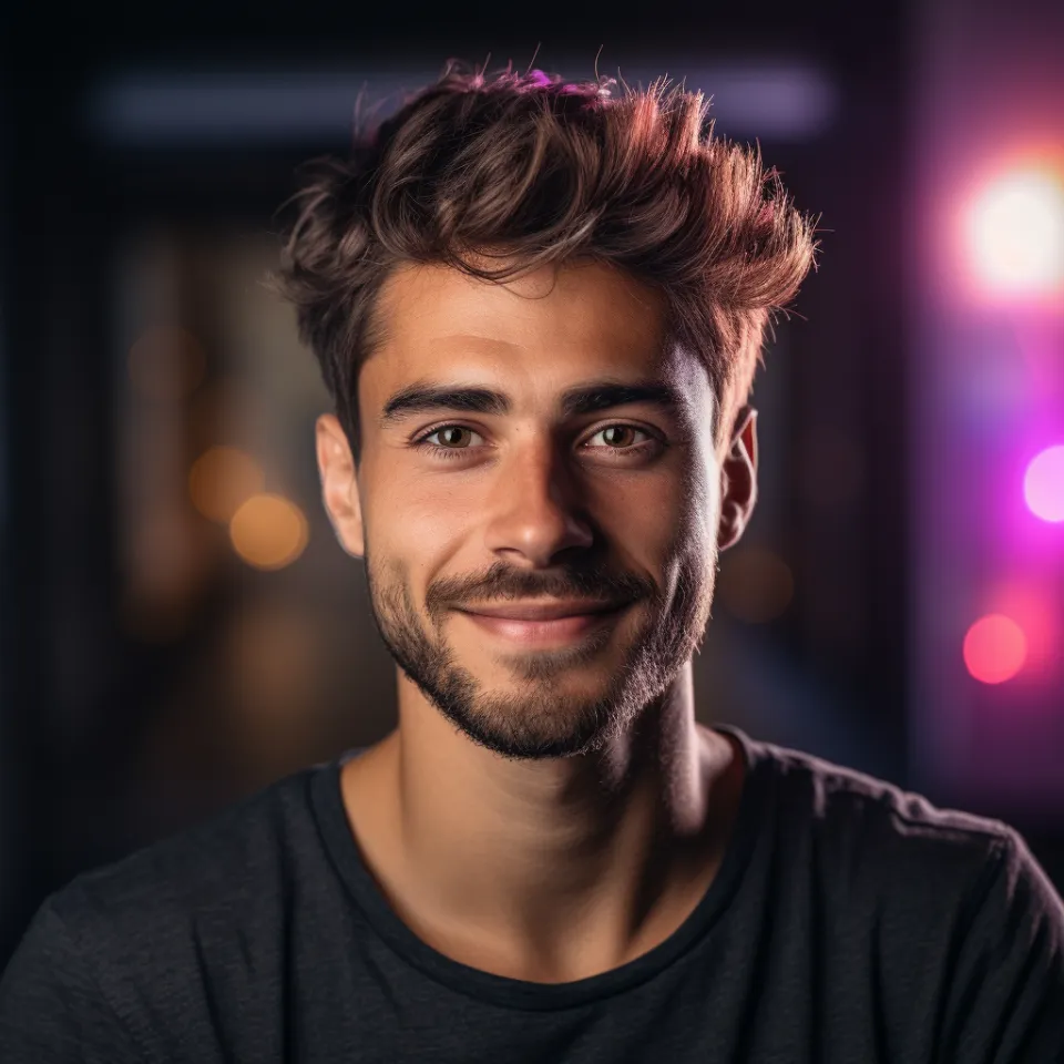 Homme souriant avec barbe travaillant sur ordinateur